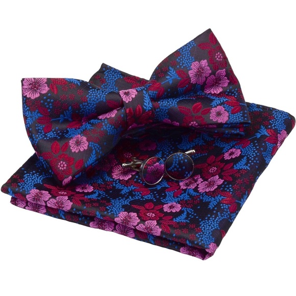 Floral Bow Tie, Pocket Square and Cufflink set - Picture 3 of 4